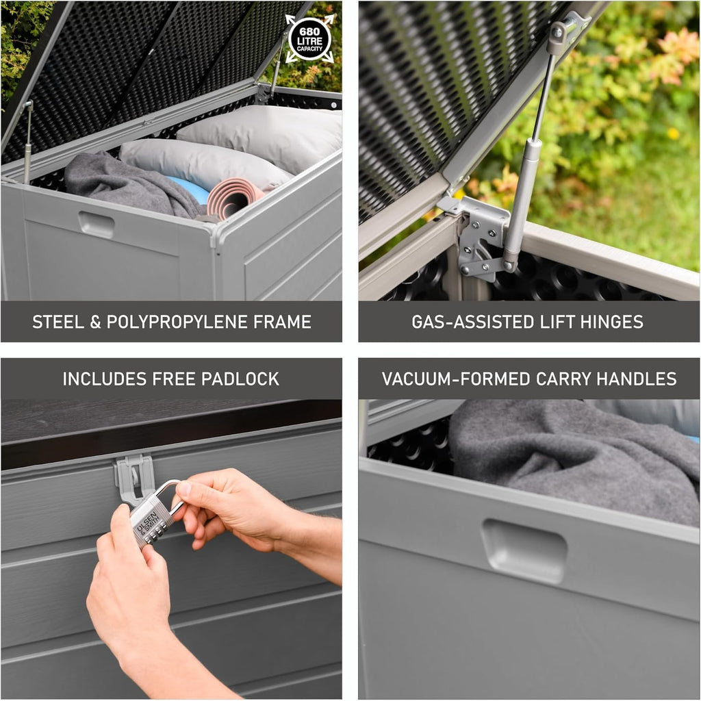 Olsen & Smith 680L MASSIVE Capacity Outdoor Garden Storage With Padlock Box Plastic Shed - Weatherproof & Sit On with Wood Effect Chest (680L, Anthracite)
