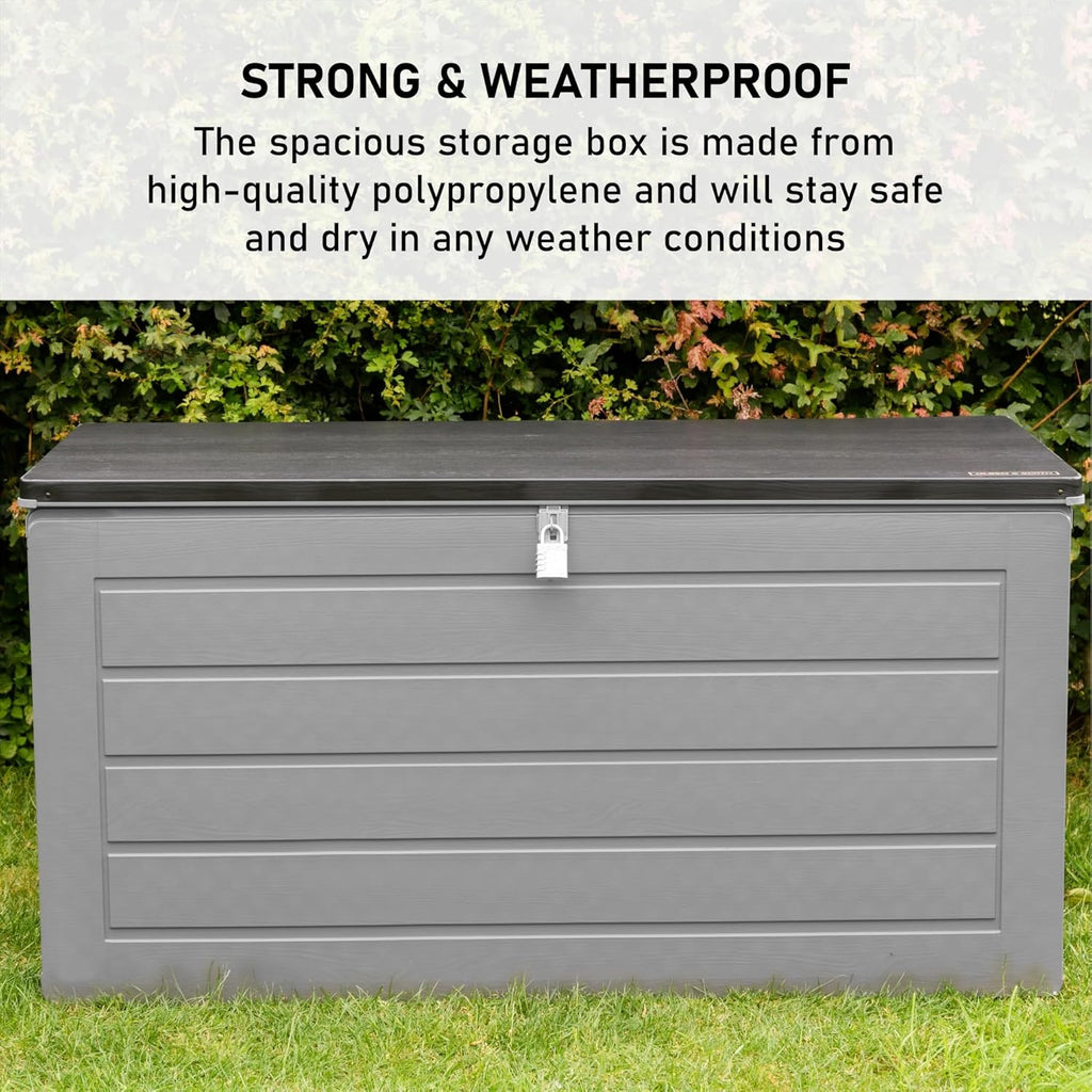 Olsen & Smith 680L MASSIVE Capacity Outdoor Garden Storage With Padlock Box Plastic Shed - Weatherproof & Sit On with Wood Effect Chest (680L, Anthracite)