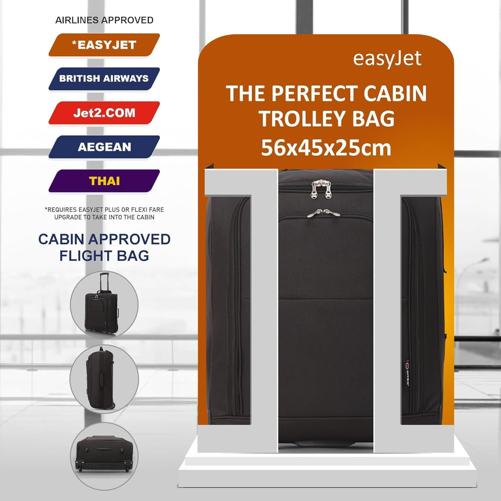 Set of 2 British Airways Jet 2 & easyJet Plus/Flexi 56x45x25cm Maximum Cabin Hand Luggage Approved Trolley Bag, Huge 60L Capacity, Black