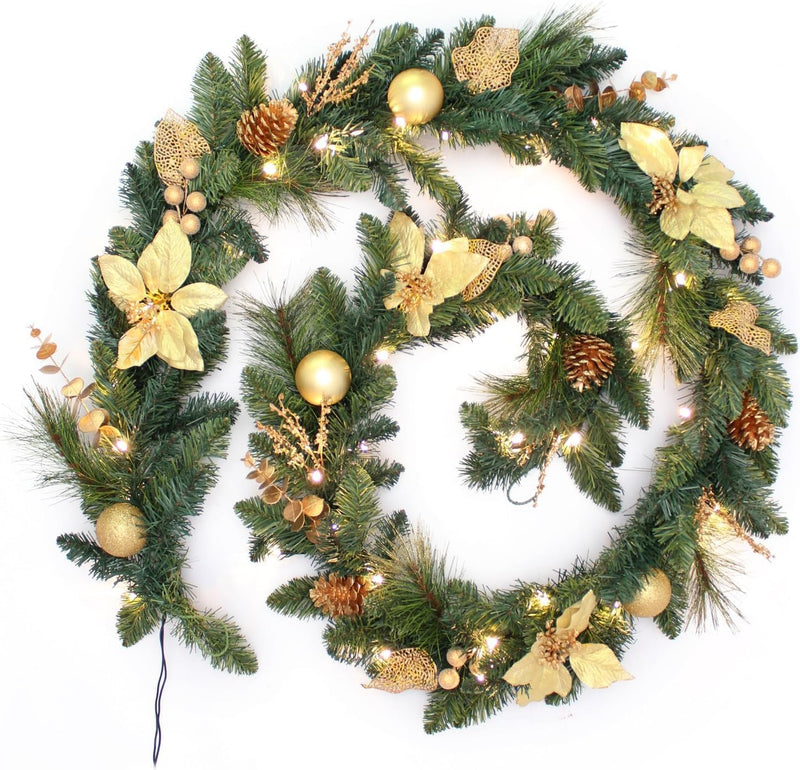 Olsen & Smith 9ft Christmas Garland with Lights - Christmas Decorations with 168 Tips and 40 LED Lights - Pre Lit Garland 9ft with Christmas Ornaments - Artificial Garland for Xmas Decor