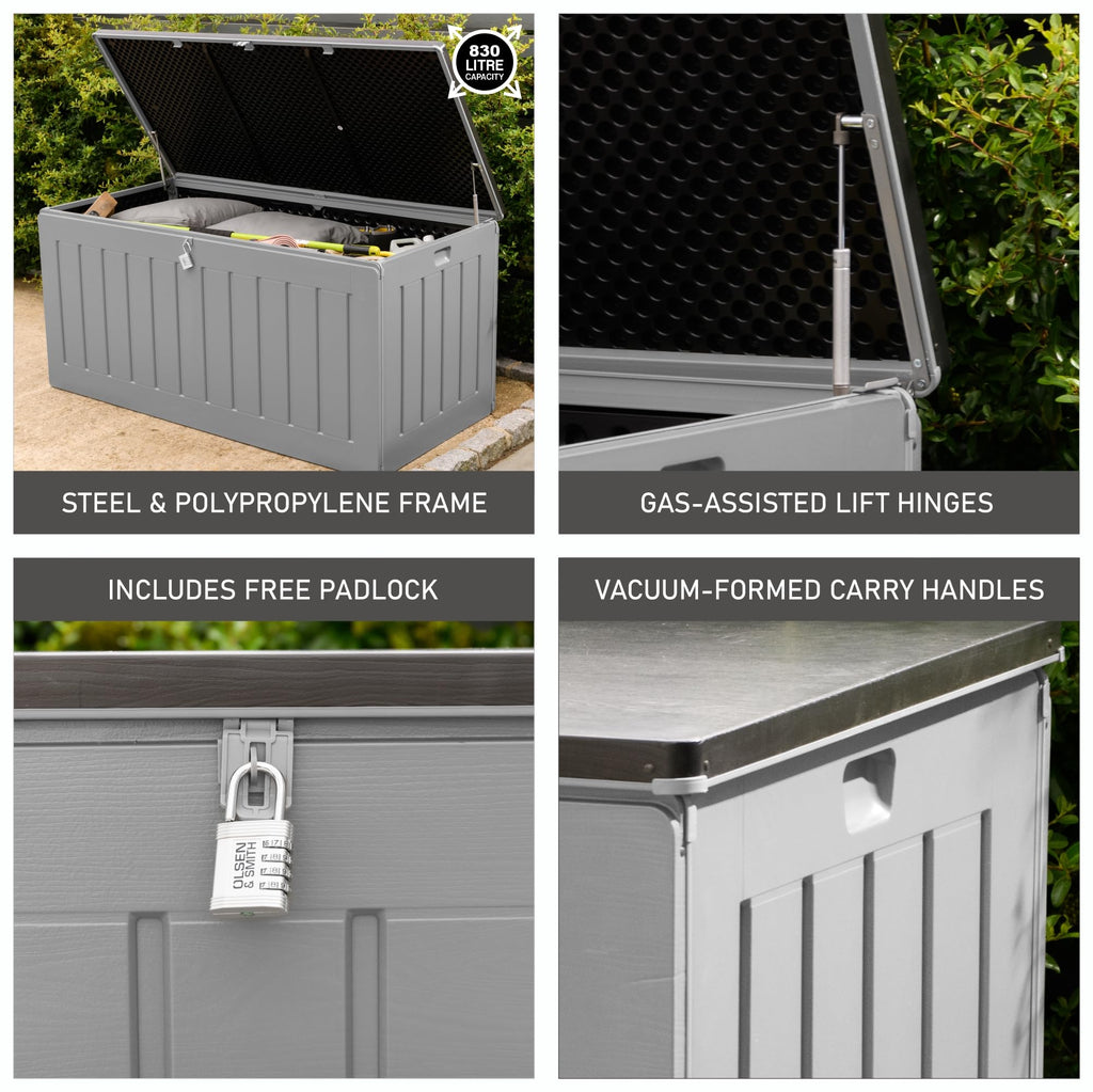 Olsen & Smith 830L Capacity Outdoor Garden Storage Box With Padlock Plastic Shed - Weatherproof & Sit On with Wood Effect Chest (830-Litre, Anthracite)