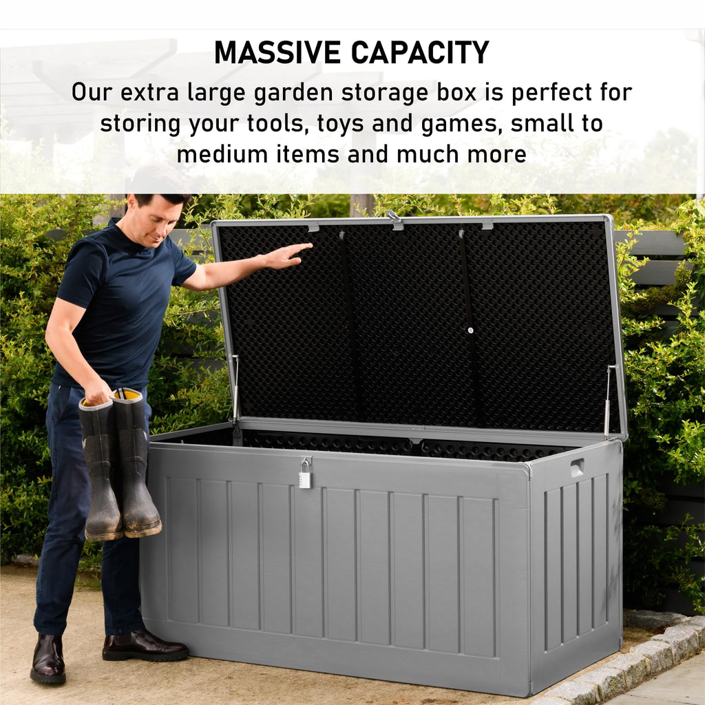 Olsen & Smith 830L Capacity Outdoor Garden Storage Box With Padlock Plastic Shed - Weatherproof & Sit On with Wood Effect Chest (830-Litre, Anthracite)