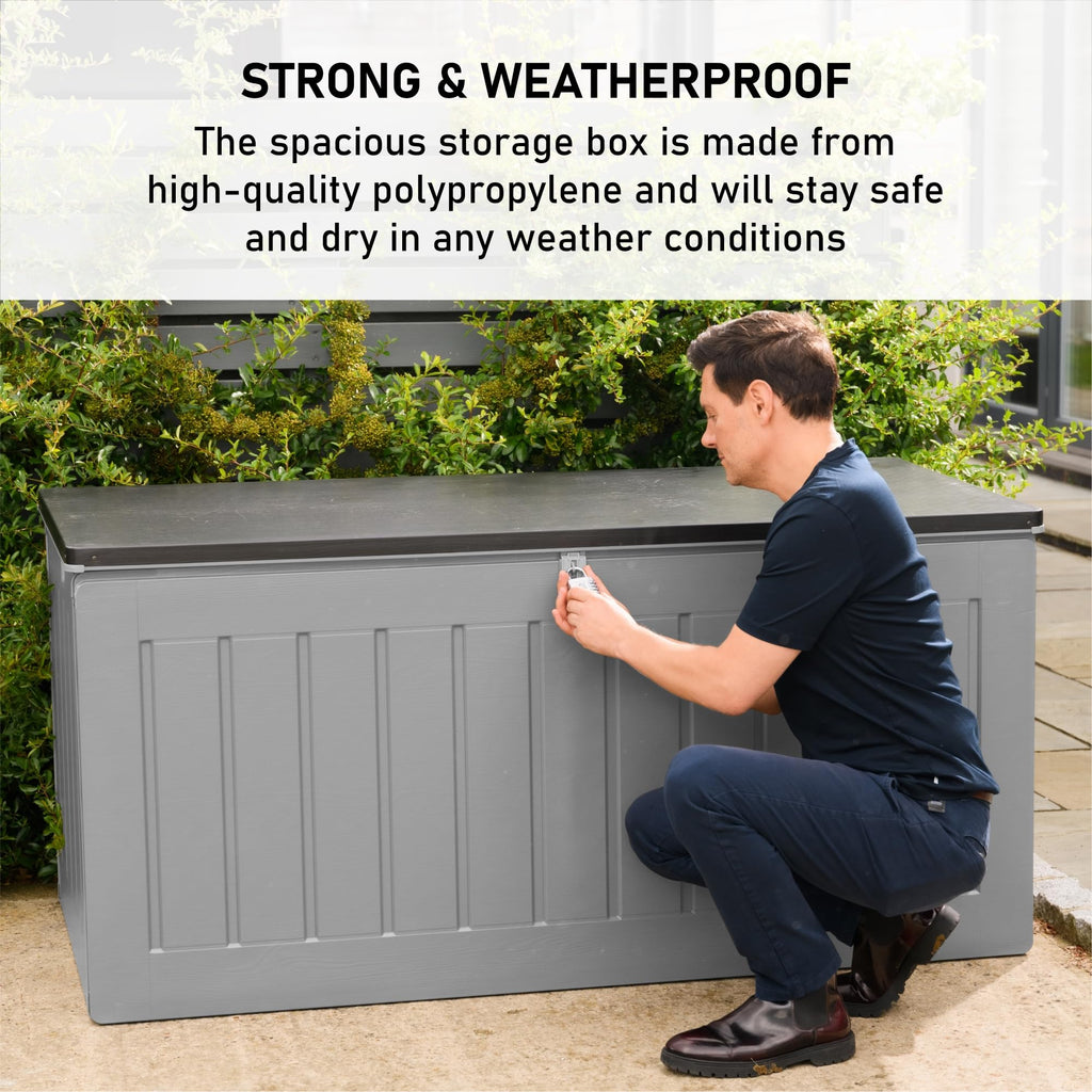 Olsen & Smith 830L Capacity Outdoor Garden Storage Box With Padlock Plastic Shed - Weatherproof & Sit On with Wood Effect Chest (830-Litre, Anthracite)