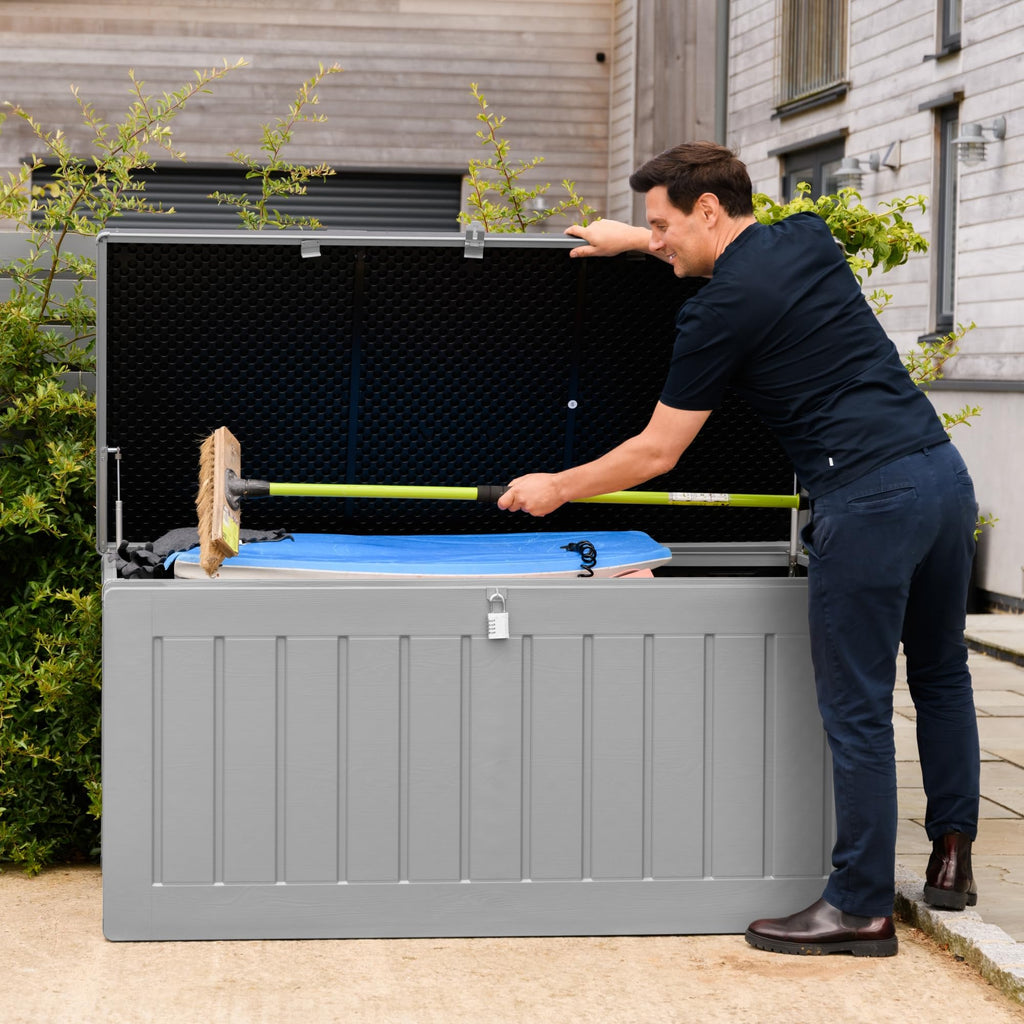 Olsen & Smith 830L Capacity Outdoor Garden Storage Box With Padlock Plastic Shed - Weatherproof & Sit On with Wood Effect Chest (830-Litre, Anthracite)