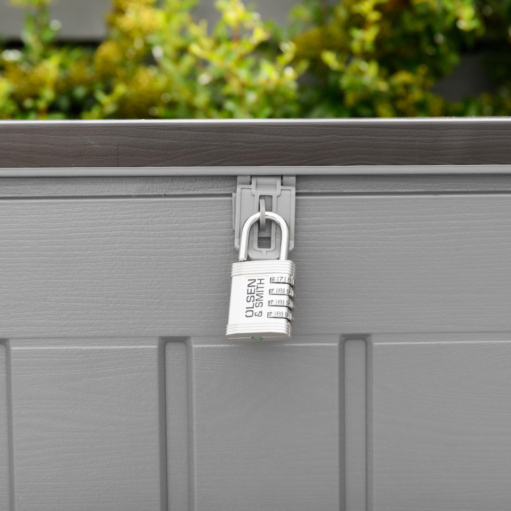 Olsen & Smith 830L Capacity Outdoor Garden Storage Box With Padlock Plastic Shed - Weatherproof & Sit On with Wood Effect Chest (830-Litre, Anthracite)