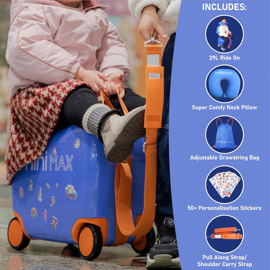 MiniMax 45x36x20cm 29L Kids Ride-On Suitcase 4PCS Set Inc Drawstring Bag, Neck Pillow & 50+ Personalisation Stickers, EasyJet Max Size Childrens Rolling Hand Luggage 6 Year Guarantee (Blue)