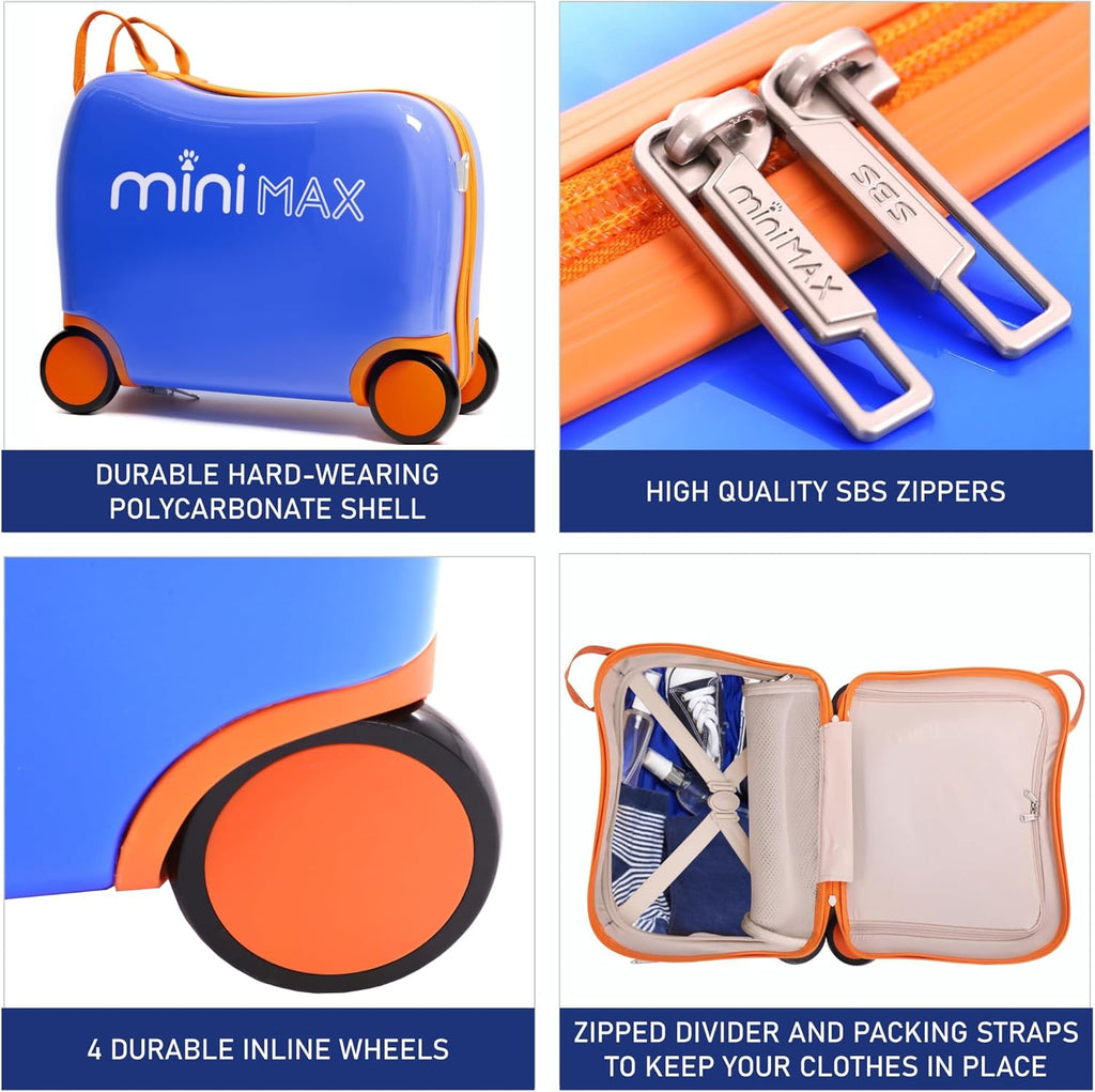 MiniMax 45x36x20cm 29L Kids Ride-On Suitcase 4PCS Set Inc Drawstring Bag, Neck Pillow & 50+ Personalisation Stickers, EasyJet Max Size Childrens Rolling Hand Luggage 6 Year Guarantee (Blue)