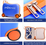 MiniMax 45x36x20cm 29L Kids Ride-On Suitcase 4PCS Set Inc Drawstring Bag, Neck Pillow & 50+ Personalisation Stickers, EasyJet Max Size Childrens Rolling Hand Luggage 6 Year Guarantee (Blue)