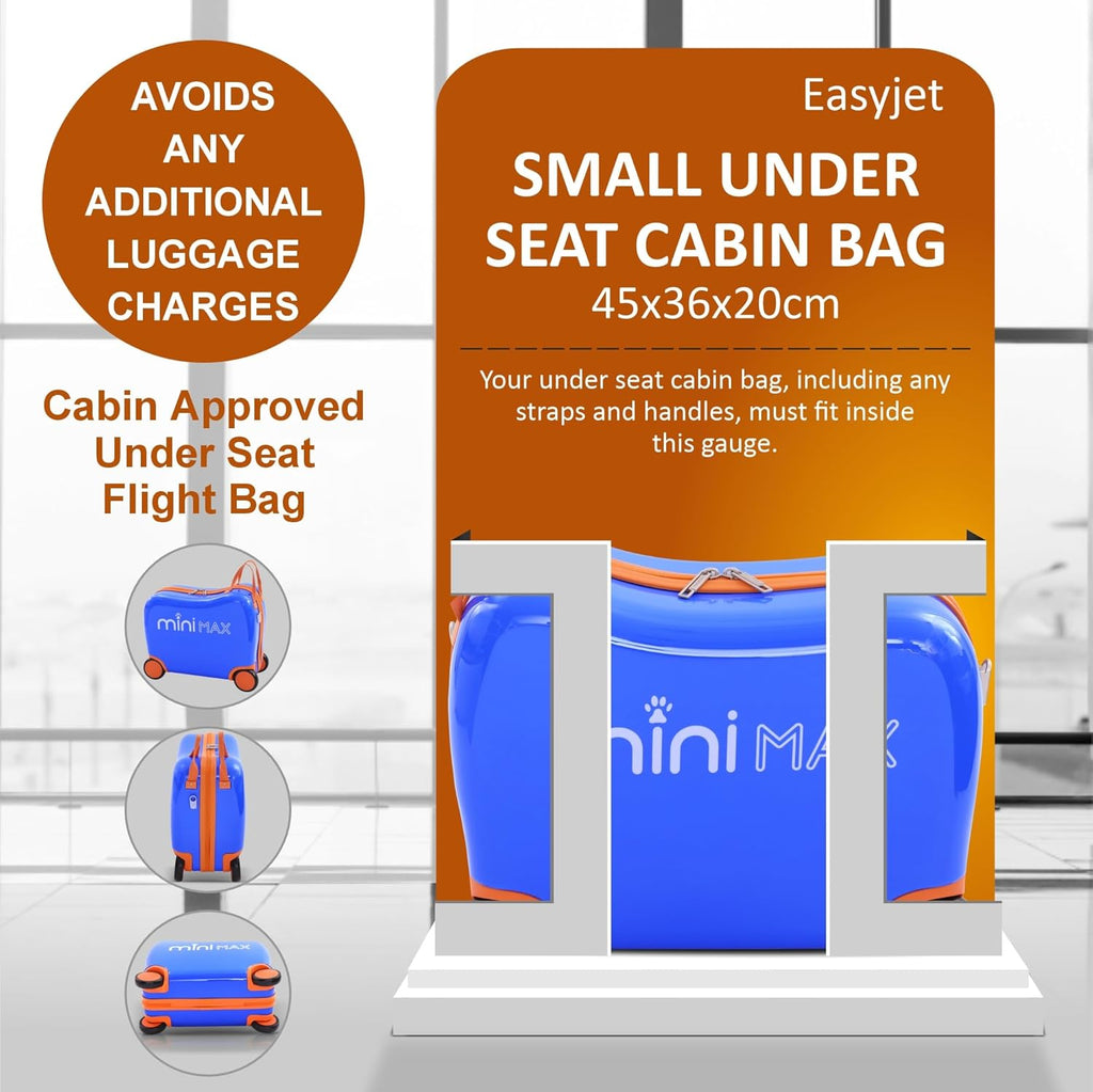 MiniMax 45x36x20cm 29L Kids Ride-On Suitcase 4PCS Set Inc Drawstring Bag, Neck Pillow & 50+ Personalisation Stickers, EasyJet Max Size Childrens Rolling Hand Luggage 6 Year Guarantee (Blue)