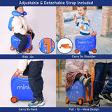 MiniMax 45x36x20cm 29L Kids Ride-On Suitcase 4PCS Set Inc Drawstring Bag, Neck Pillow & 50+ Personalisation Stickers, EasyJet Max Size Childrens Rolling Hand Luggage 6 Year Guarantee (Blue)
