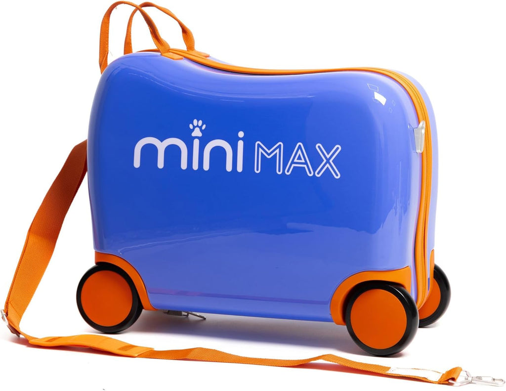 MiniMax 45x36x20cm 29L Kids Ride-On Suitcase 4PCS Set Inc Drawstring Bag, Neck Pillow & 50+ Personalisation Stickers, EasyJet Max Size Childrens Rolling Hand Luggage 6 Year Guarantee (Blue)