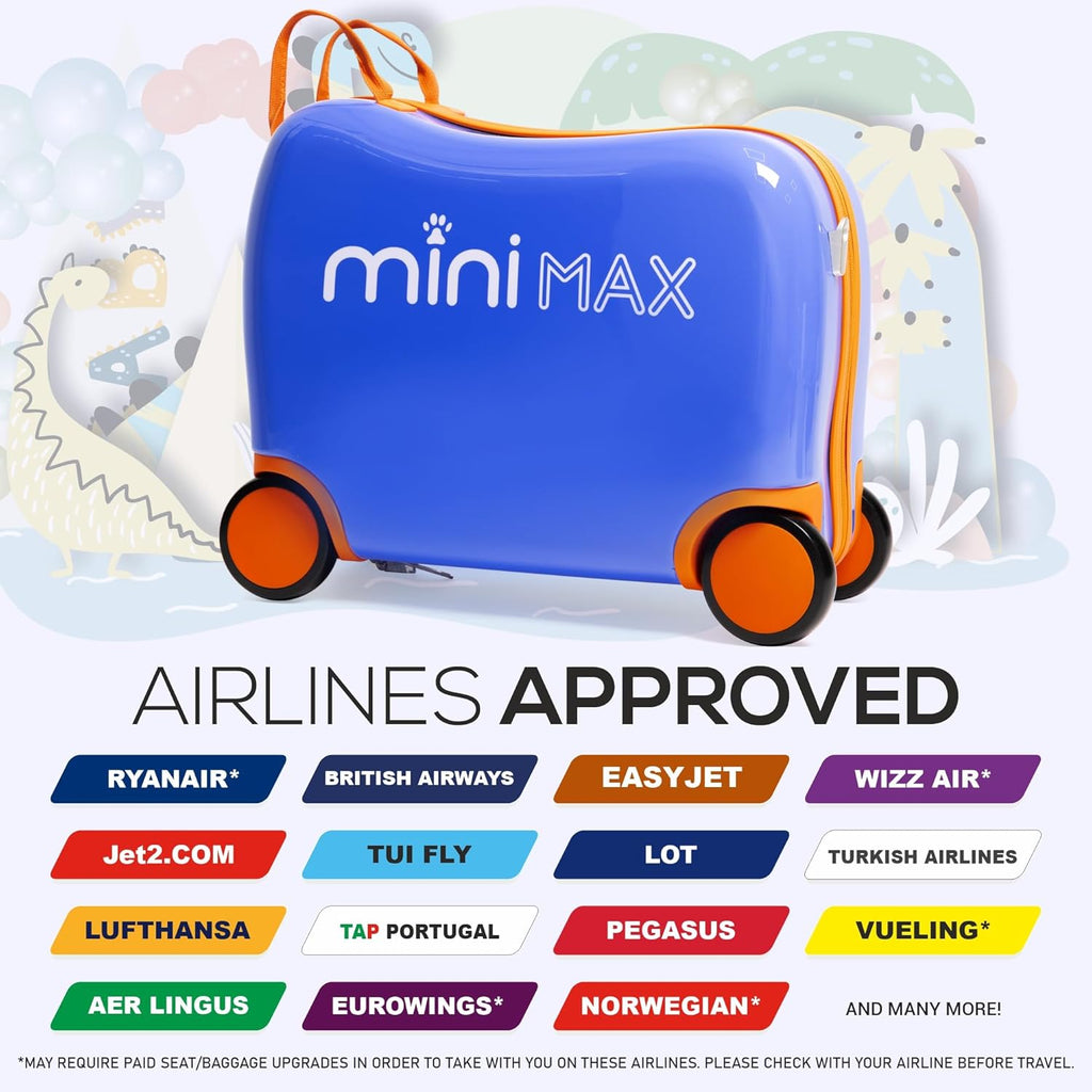 MiniMax 45x36x20cm 29L Kids Ride-On Suitcase 4PCS Set Inc Drawstring Bag, Neck Pillow & 50+ Personalisation Stickers, EasyJet Max Size Childrens Rolling Hand Luggage 6 Year Guarantee (Blue)