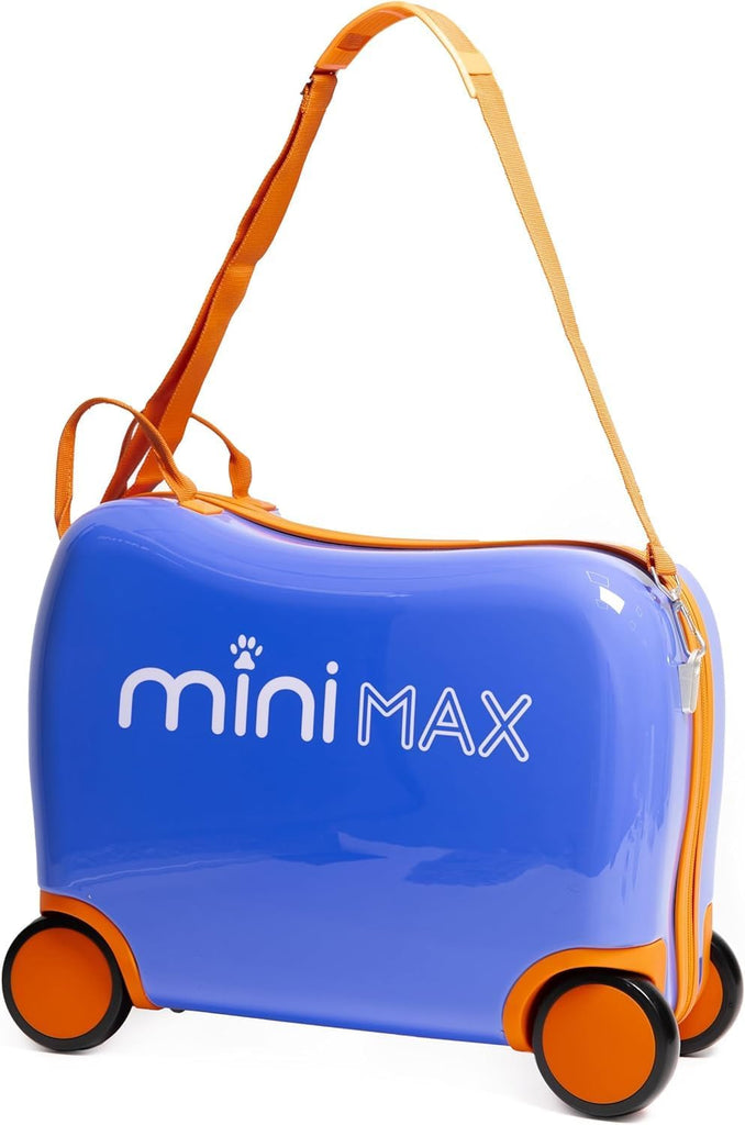MiniMax 45x36x20cm 29L Kids Ride-On Suitcase 4PCS Set Inc Drawstring Bag, Neck Pillow & 50+ Personalisation Stickers, EasyJet Max Size Childrens Rolling Hand Luggage 6 Year Guarantee (Blue)