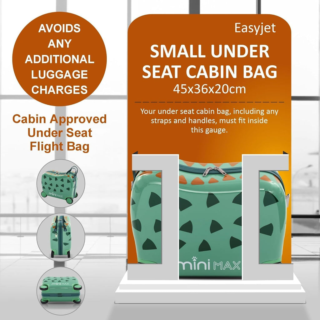 MiniMax 45x36x20cm 29L Kids Ride-On Suitcase 4PCS Set Inc Drawstring Bag, Neck Pillow & 50+ Personalisation Stickers, Easyjet Max Size Childrens Rolling Hand Cabin Luggage 45x36x20 Green Dinosaur