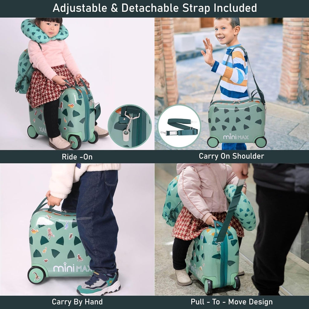 MiniMax 45x36x20cm 29L Kids Ride-On Suitcase 4PCS Set Inc Drawstring Bag, Neck Pillow & 50+ Personalisation Stickers, Easyjet Max Size Childrens Rolling Hand Cabin Luggage 45x36x20 Green Dinosaur