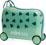 MiniMax 45x36x20cm 29L Kids Ride-On Suitcase 4PCS Set Inc Drawstring Bag, Neck Pillow & 50+ Personalisation Stickers, Easyjet Max Size Childrens Rolling Hand Cabin Luggage 45x36x20 Green Dinosaur