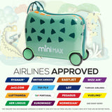 MiniMax 45x36x20cm 29L Kids Ride-On Suitcase 4PCS Set Inc Drawstring Bag, Neck Pillow & 50+ Personalisation Stickers, Easyjet Max Size Childrens Rolling Hand Cabin Luggage 45x36x20 Green Dinosaur