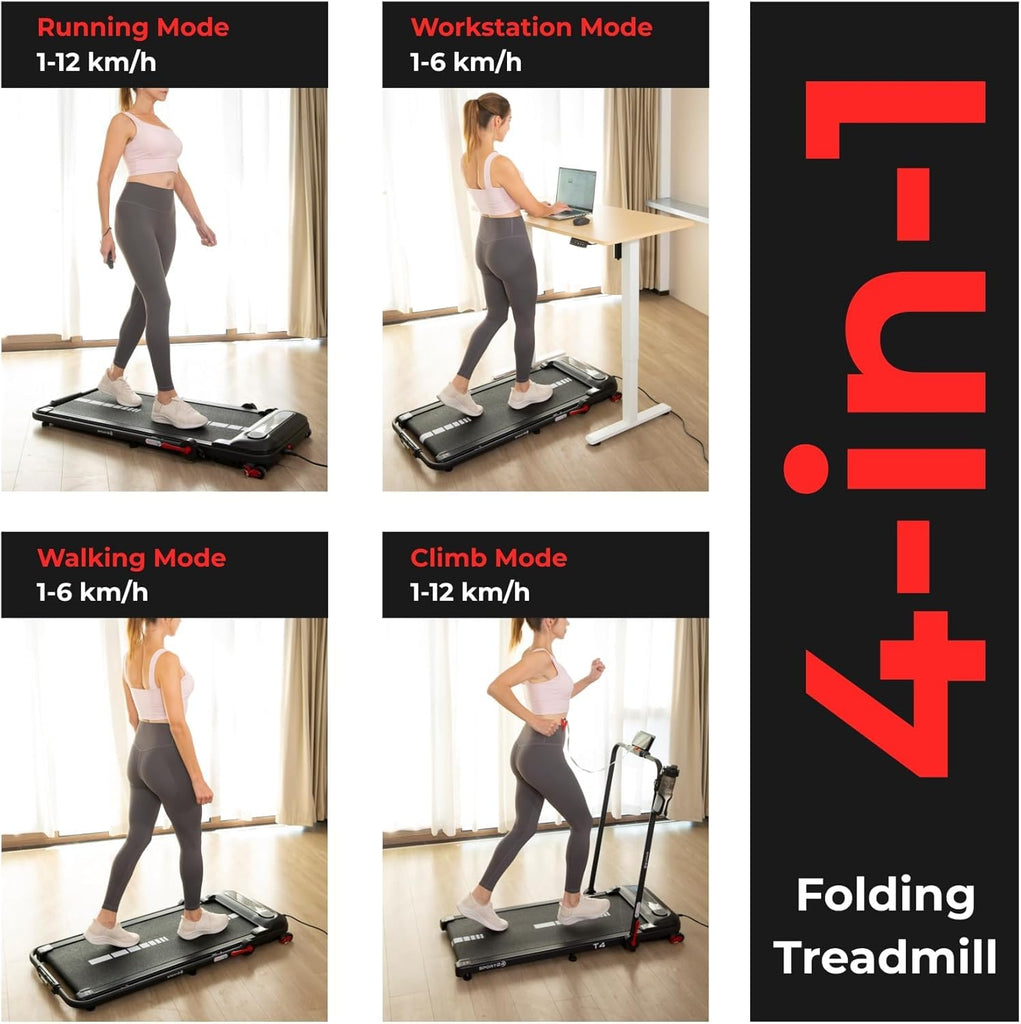Sports24 Walking Pad Treadmill, Foldable with Incline 120kg Capacity, Bottle Holder, App, Speaker, Under Desk Running Machine for Home with Handle LED Display 1-12km/h, Low Noise 2.5HP Remote Control