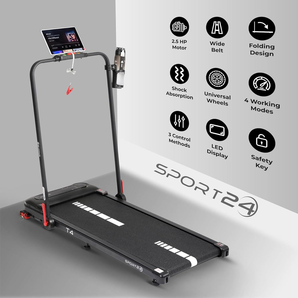 Sports24 Walking Pad Treadmill, Foldable with Incline 120kg Capacity, Bottle Holder, App, Speaker, Under Desk Running Machine for Home with Handle LED Display 1-12km/h, Low Noise 2.5HP Remote Control
