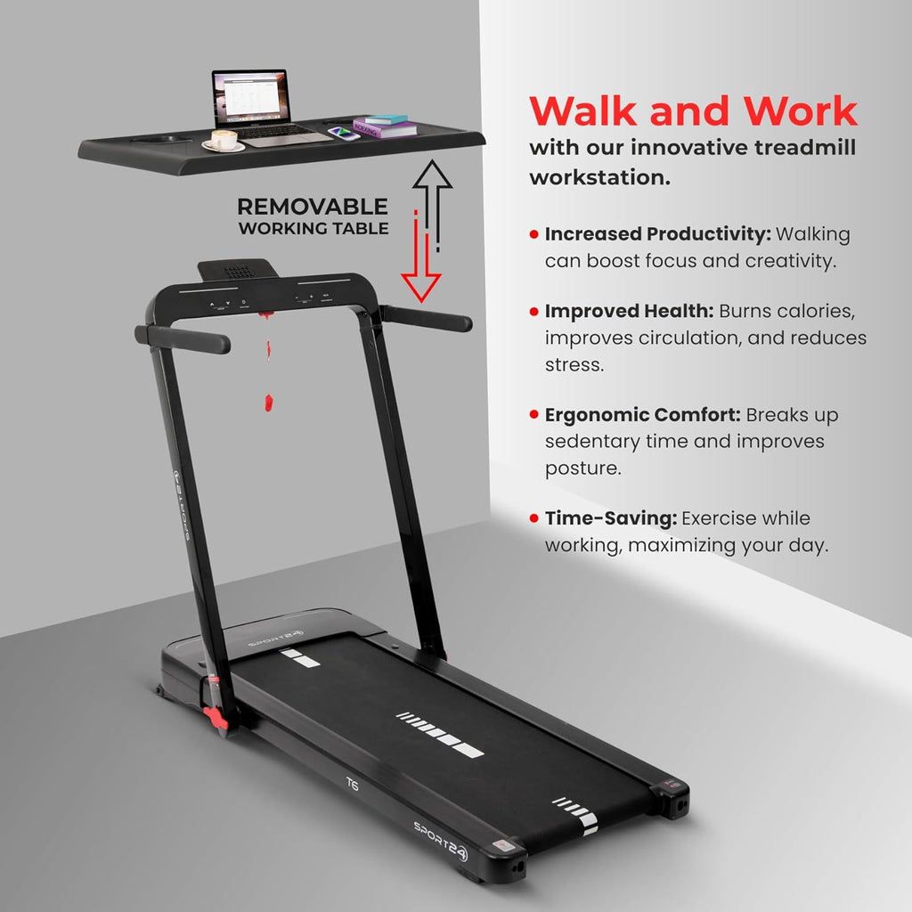 Sports24 Home Folding Treadmill, 1-16km/h 5 in 1 Foldable, Auto-Incline Running Machine, 120kg Limit, Bottle Holder, Apps, Speaker, Work Tray, Handle, LED Display, 4.5HP Quiet Motor, Remote Control