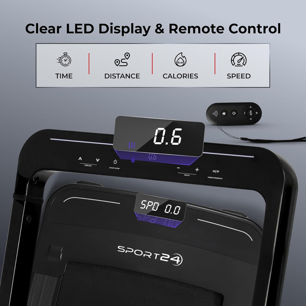 Sports24 Home Folding Treadmill, 1-16km/h 5 in 1 Foldable, Auto-Incline Running Machine, 120kg Limit, Bottle Holder, Apps, Speaker, Work Tray, Handle, LED Display, 4.5HP Quiet Motor, Remote Control