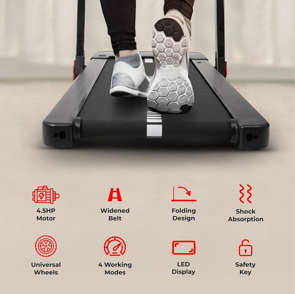 Sports24 Home Folding Treadmill, 1-16km/h 5 in 1 Foldable, Auto-Incline Running Machine, 120kg Limit, Bottle Holder, Apps, Speaker, Work Tray, Handle, LED Display, 4.5HP Quiet Motor, Remote Control