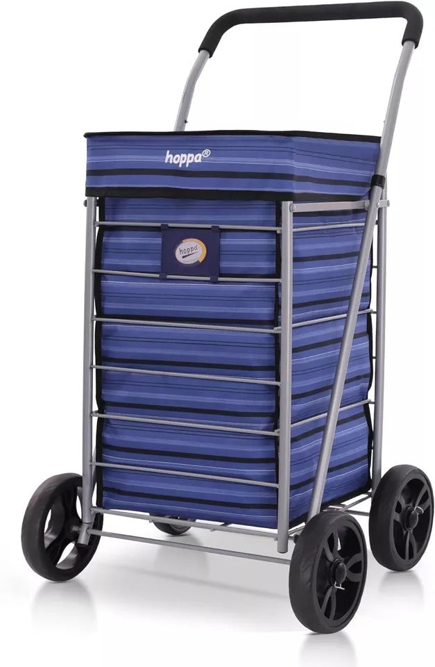 Hoppa Lightweight 4-Wheel Premium 2024 Model Folding Shopping Trolley Extra Large 75.6L Capacity Shopping Trolley Bag, 95cm, 4.8kg, Push/Pull Blue Stripe