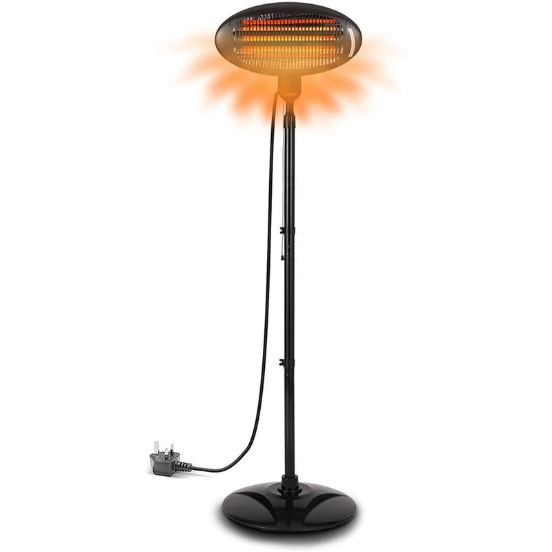 2KW Outdoor Free Standing Quartz Electric Garden Patio Heater 2000w Waterproof , 3 Power Settings , Adjustable Heat Angle and Height Adjustable Stand (Black) - Packed Direct UK