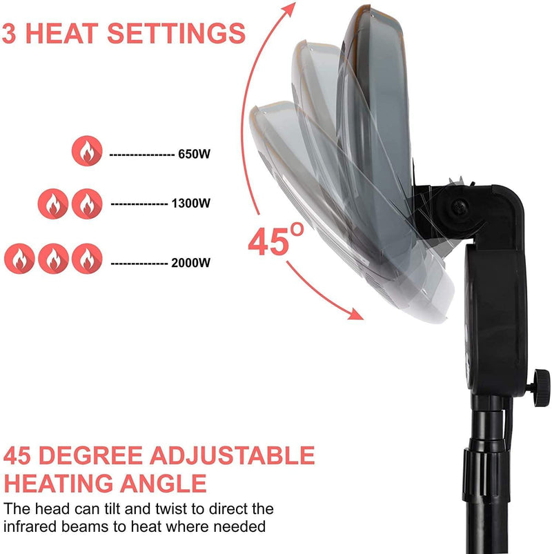 2KW Outdoor Free Standing Quartz Electric Garden Patio Heater 2000w Waterproof , 3 Power Settings , Adjustable Heat Angle and Height Adjustable Stand (Black) - Packed Direct UK