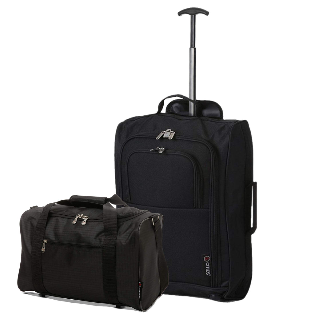 Set of 4 Hand Luggage Set Including 2X Ryanair Cabin Approved 55x40x20cm Trolley Bag & 2X Ryanair Maximum 40x20x25Holdall Under Seat Flight Bag (Black + Black)
