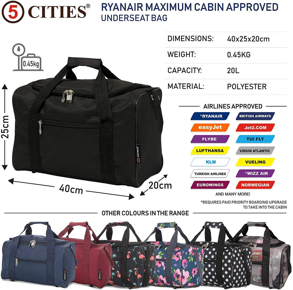 Set of 4 Hand Luggage Set Including 2X Ryanair Cabin Approved 55x40x20cm Trolley Bag & 2X Ryanair Maximum 40x20x25Holdall Under Seat Flight Bag (Black + Black)