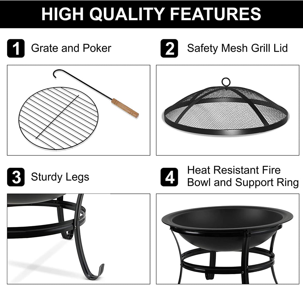 Large 55CM Steel Metal Fire Pit for Outdoor Garden Patio Heater Camping Bowl with Lid & Poker , Wood & Coal Burning , Large Black