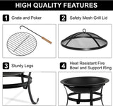 Large 55CM Steel Metal Fire Pit for Outdoor Garden Patio Heater Camping Bowl with Lid & Poker , Wood & Coal Burning , Large Black