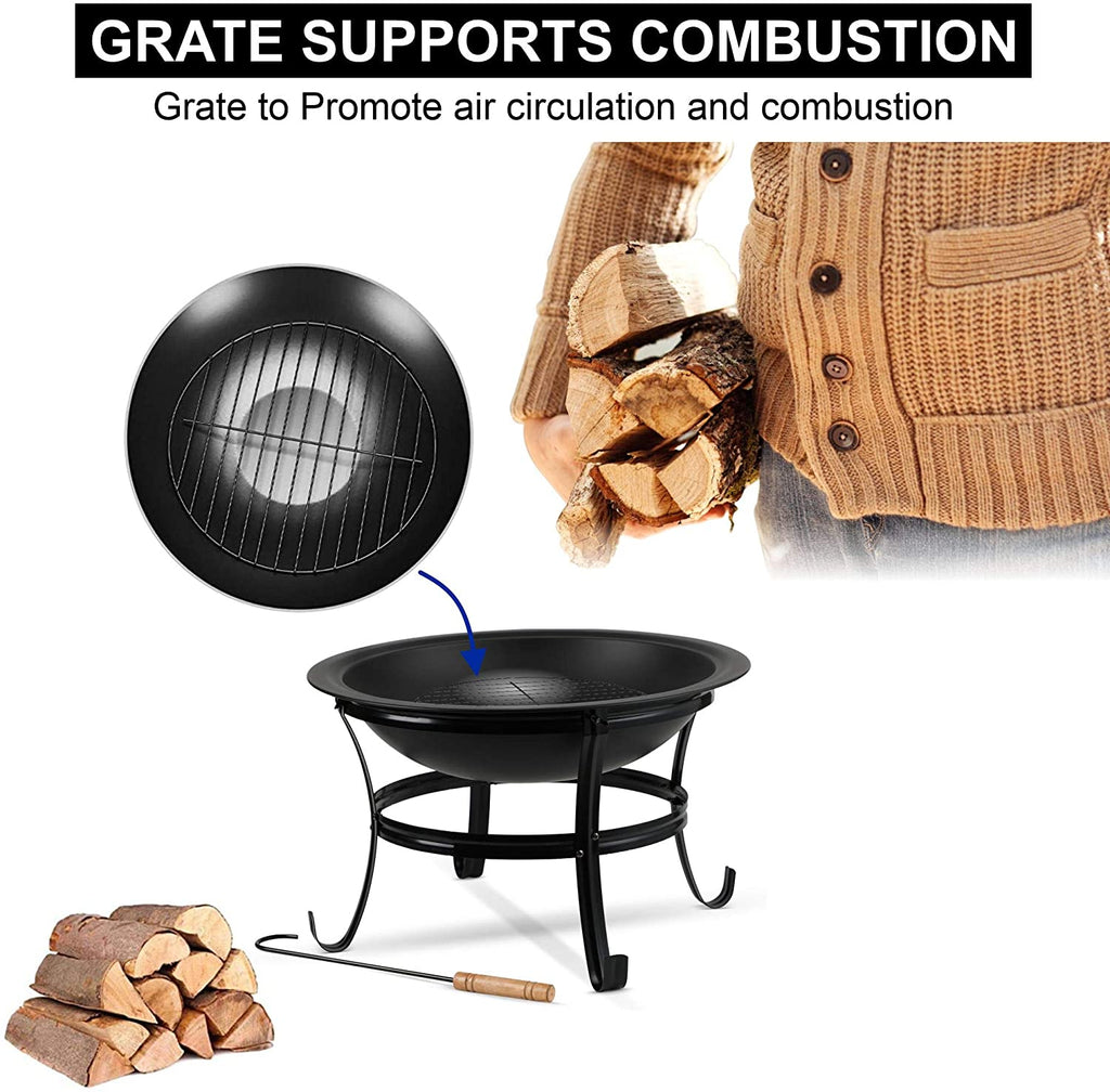 Large 55CM Steel Metal Fire Pit for Outdoor Garden Patio Heater Camping Bowl with Lid & Poker , Wood & Coal Burning , Large Black