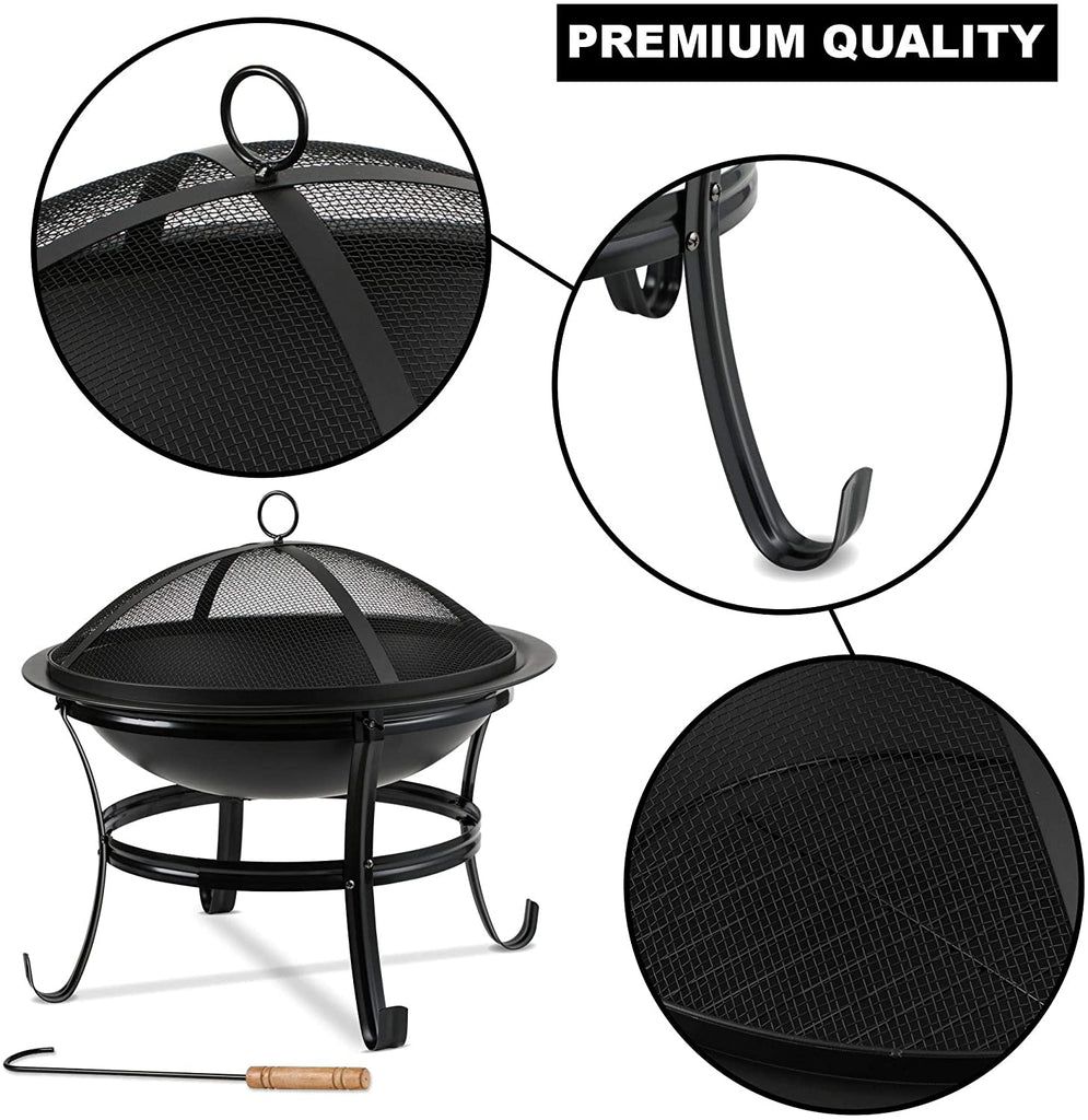 Large 55CM Steel Metal Fire Pit for Outdoor Garden Patio Heater Camping Bowl with Lid & Poker , Wood & Coal Burning , Large Black