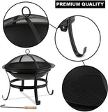 Large 55CM Steel Metal Fire Pit for Outdoor Garden Patio Heater Camping Bowl with Lid & Poker , Wood & Coal Burning , Large Black