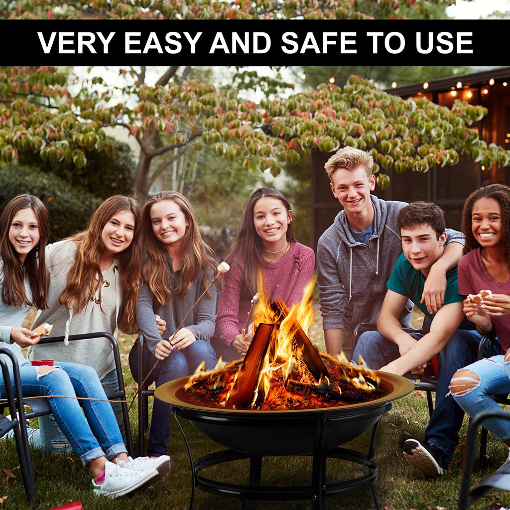 Large 55CM Steel Metal Fire Pit for Outdoor Garden Patio Heater Camping Bowl with Lid & Poker , Wood & Coal Burning , Large Black