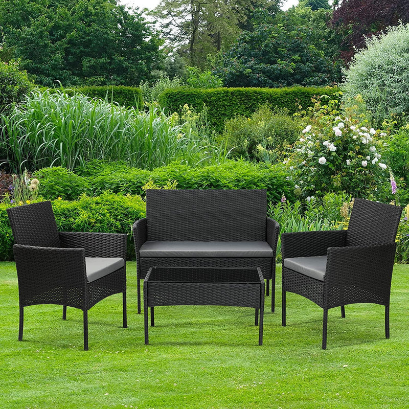 Olsen & Smith Livorno 4 Piece Rattan Effect Outdoor Garden Patio Furniture Set - Love Seat Sofa + 2 Chairs + Table Black Anthracite