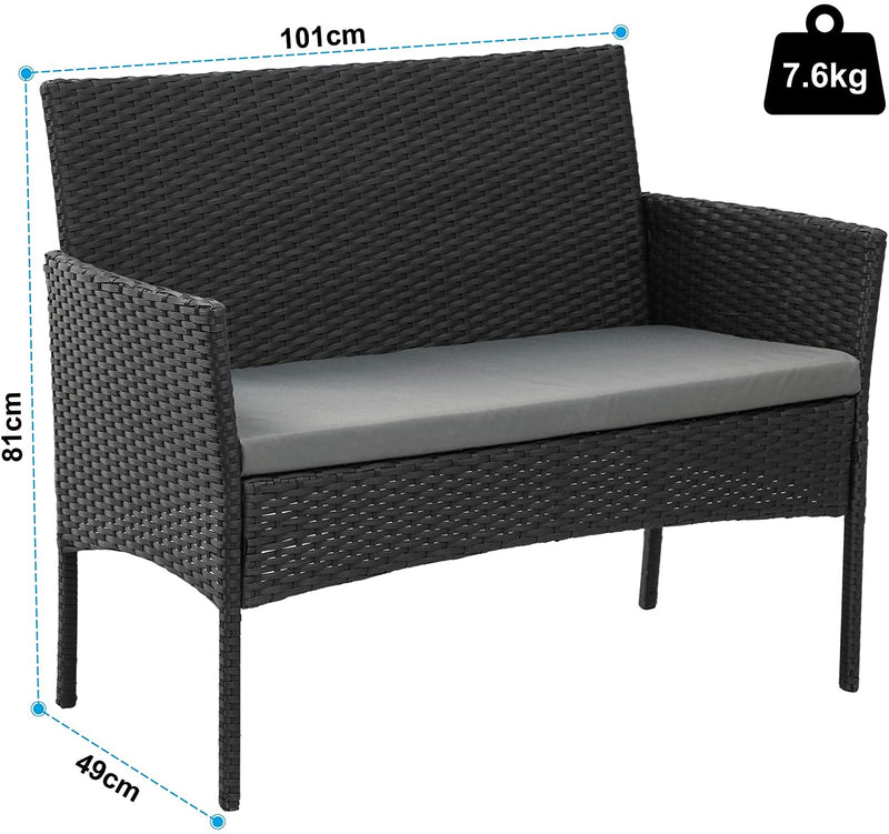 Olsen & Smith Livorno 4 Piece Rattan Effect Outdoor Garden Patio Furniture Set - Love Seat Sofa + 2 Chairs + Table Black Anthracite