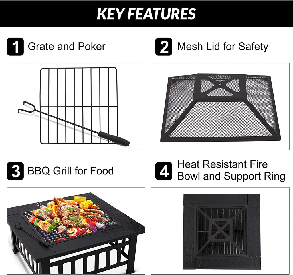 Large Square Steel Metal Fire Pit Table for Outdoor Garden Patio Heater BBQ with Grate, Grill, Lid, Poker & Cover │ Wood & Charcoal Burning │ Black