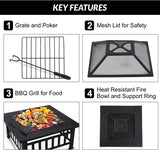 Large Square Steel Metal Fire Pit Table for Outdoor Garden Patio Heater BBQ with Grate, Grill, Lid, Poker & Cover │ Wood & Charcoal Burning │ Black