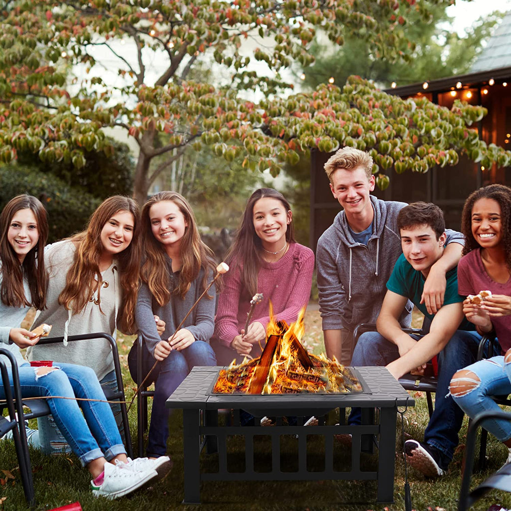 Large Square Steel Metal Fire Pit Table for Outdoor Garden Patio Heater BBQ with Grate, Grill, Lid, Poker & Cover │ Wood & Charcoal Burning │ Black