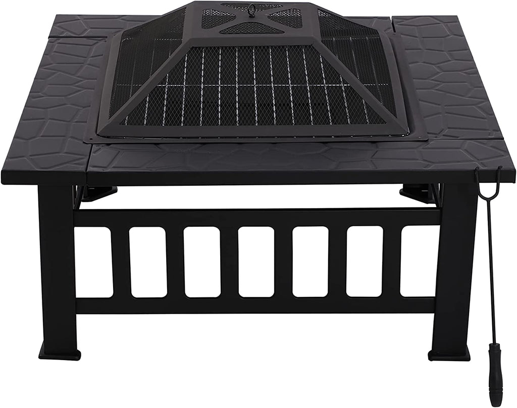 Large Square Steel Metal Fire Pit Table for Outdoor Garden Patio Heater BBQ with Grate, Grill, Lid, Poker & Cover │ Wood & Charcoal Burning │ Black