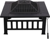 Large Square Steel Metal Fire Pit Table for Outdoor Garden Patio Heater BBQ with Grate, Grill, Lid, Poker & Cover │ Wood & Charcoal Burning │ Black