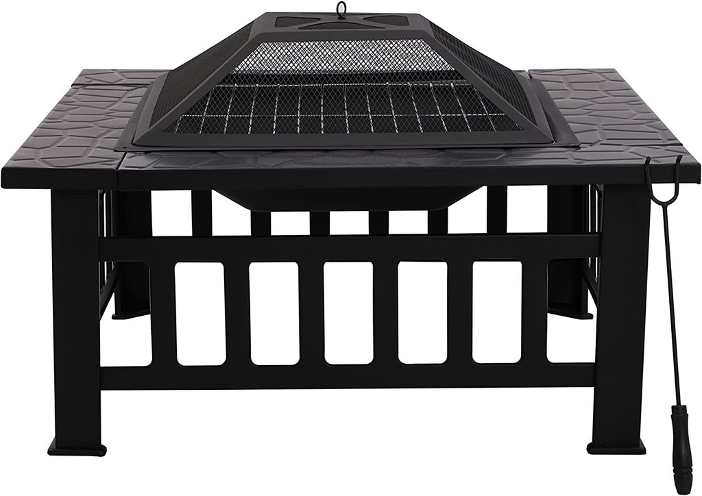 Large Square Steel Metal Fire Pit Table for Outdoor Garden Patio Heater BBQ with Grate, Grill, Lid, Poker & Cover │ Wood & Charcoal Burning │ Black