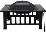 Large Square Steel Metal Fire Pit Table for Outdoor Garden Patio Heater BBQ with Grate, Grill, Lid, Poker & Cover │ Wood & Charcoal Burning │ Black