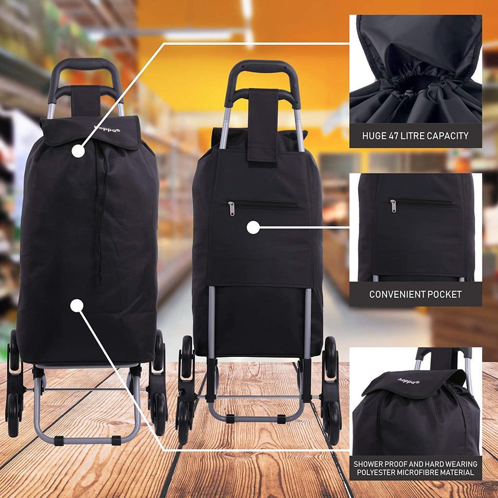 Hoppa Lightweight 6-Wheel 2022 Model Folding Shopping Trolley Large 47L Capacity Shopping Trolley Bag, 95cm, 2kg, Push/Pull Stairclimber (Black)