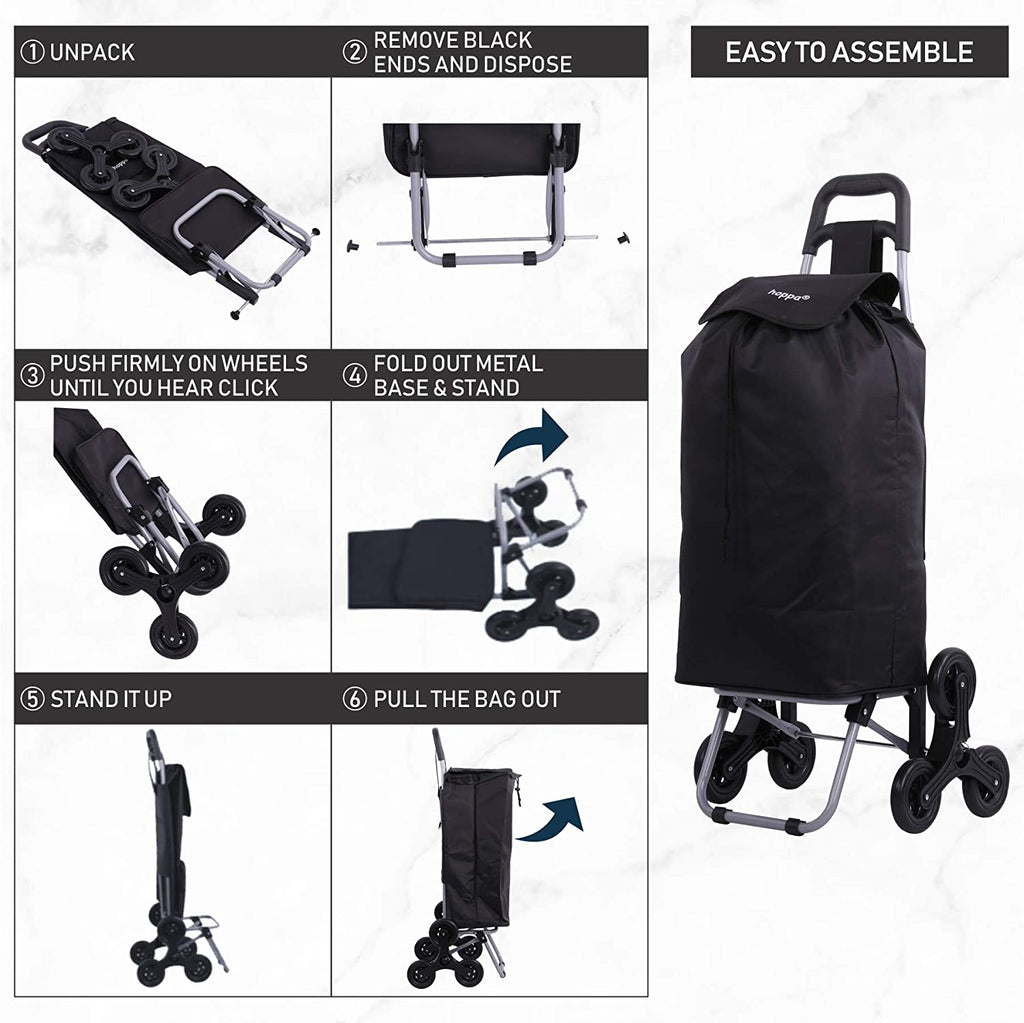 Hoppa Lightweight 6-Wheel 2022 Model Folding Shopping Trolley Large 47L Capacity Shopping Trolley Bag, 95cm, 2kg, Push/Pull Stairclimber (Black)