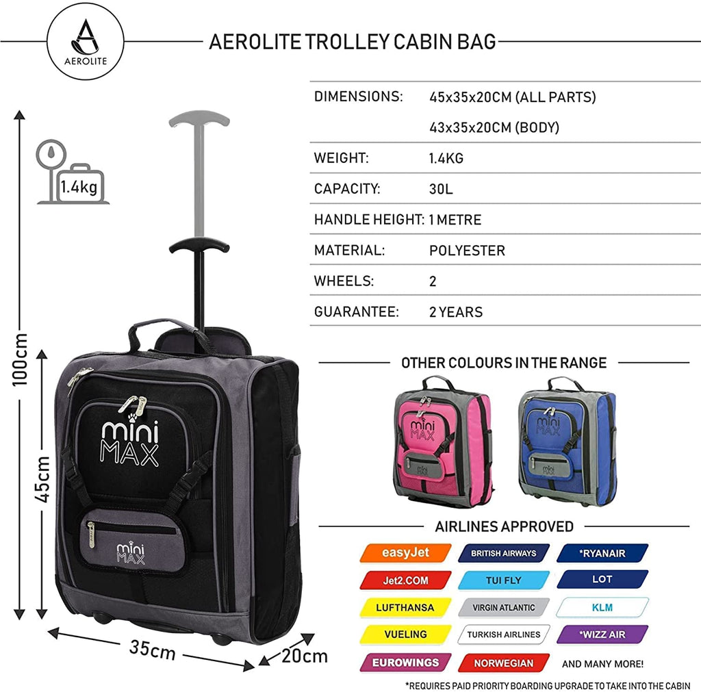 MiniMAX Childrens/Kids Luggage Carry On Trolley Suitcase with Backpack and Pouch for Your Favourite Doll/Action Figure/Bear (Black/Teddy)