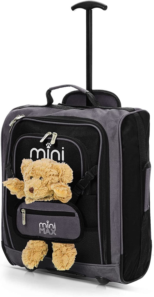 MiniMAX Childrens/Kids Luggage Carry On Trolley Suitcase with Backpack and Pouch for Your Favourite Doll/Action Figure/Bear (Black/Teddy)